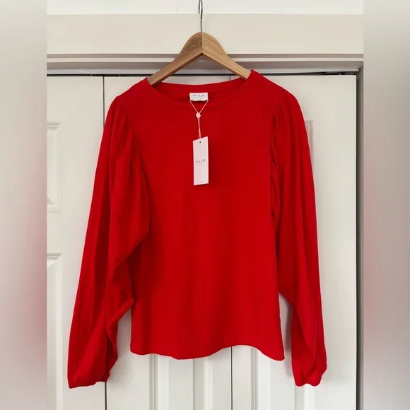 VILA Bright Red Long-Sleeve Puff Sleeve Tee - Picture 2 of 7